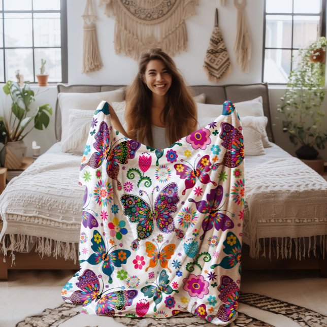 Färgglatt Retro Fjärilar Och Blommor Mönster Fleecefilt (Skapare uppladdad)