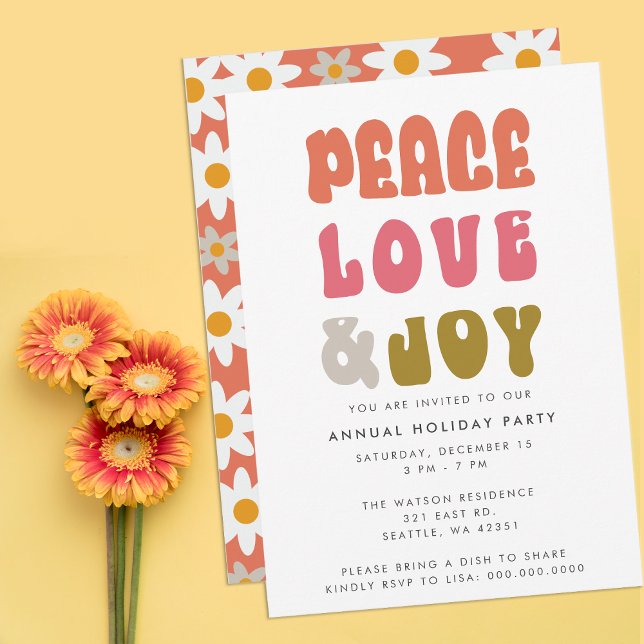 Färgglatt Retro Groovy Fred kärlek Glädje Semester Inbjudningar (Colorful Retro Groovy Peace Love Joy Holiday Invitation)