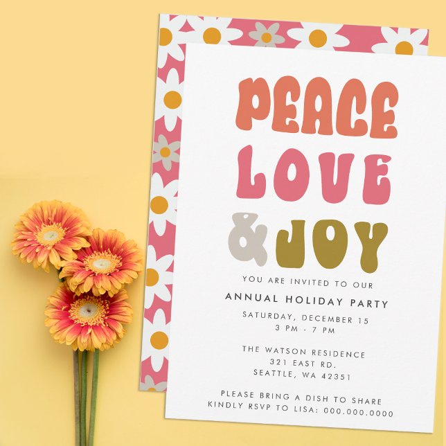 Färgglatt Retro Groovy Fred kärlek Glädje Semester Inbjudningar (Colorful Retro Groovy Peace Love Joy Holiday Invitation)