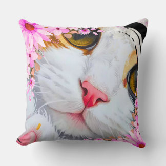 Färgglatt Rosa Blommig Katt Dekorativ Kuddé Kudde