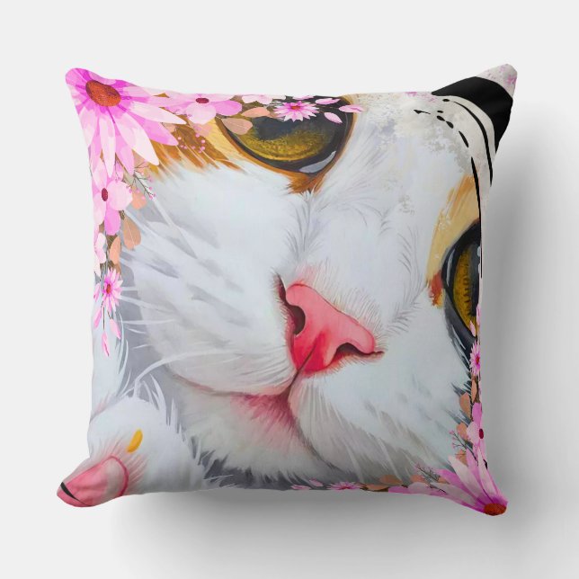 Färgglatt Rosa Blommig Katt Dekorativ Kuddé Kudde (Framsida)