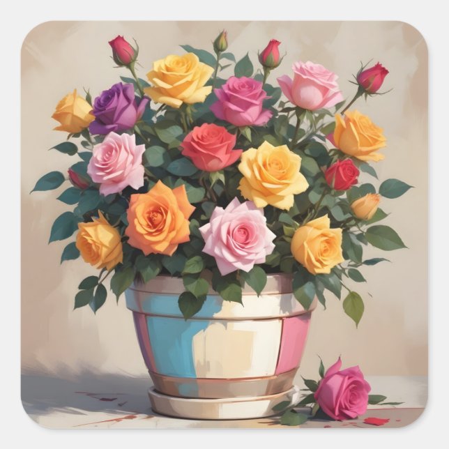 Färgglatt rosbouquet fyrkantigt klistermärke (Framsida)