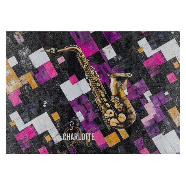 Färgglatt saxofonmönster monogramnamn (Framsidan)