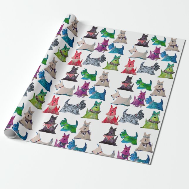 Färgglatt Scottie Presentpapper (Utrullad)