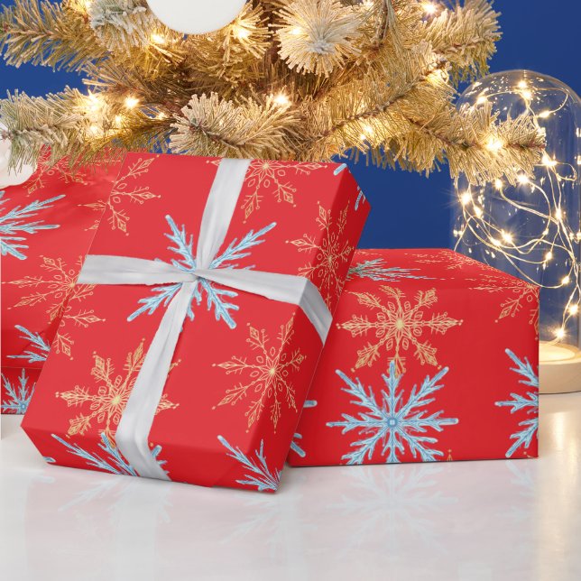 Färgglatt snöflinga julinpackningspapper - Rött, Presentpapper (Helgdagar)