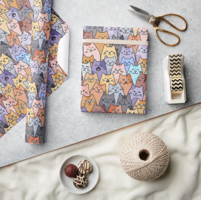 Färgglatt Sött Kattmönster med Whimsical Kattansik Presentpapper (Hantverk)
