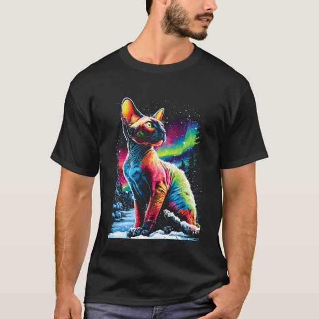 Färgglatt Sphynx Katt Aurora Borealis Vinter Skog  T Shirt (Framsida)