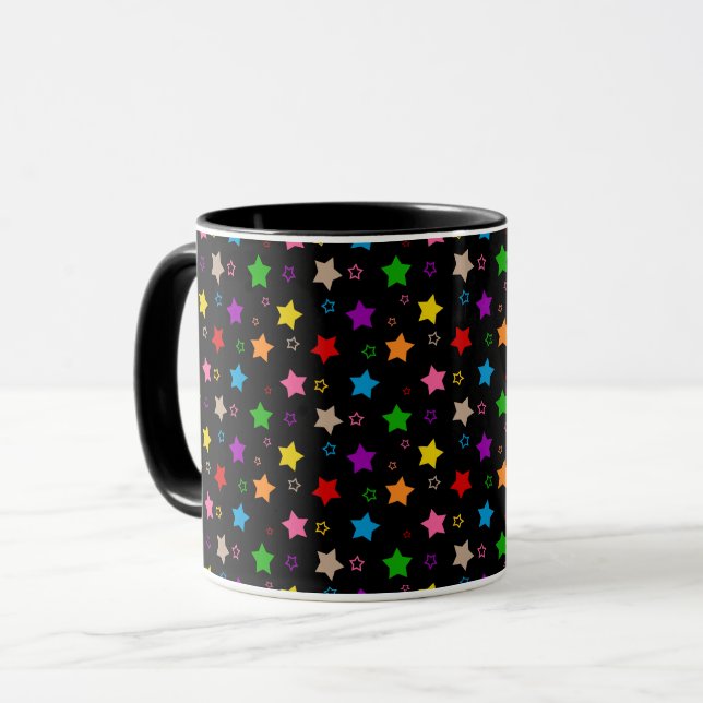 Färgglatt stjärnmönsterdesign svart  mugg (Framsida vänster)