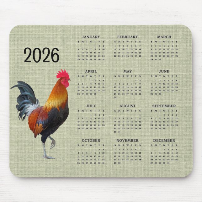 Färgglatt struttande Tupp 2026 Kalender Musmatta (Framsidan)