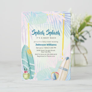 Färgglatt Surfbräda Palm Strand Löv Baby Shower Inbjudningar
