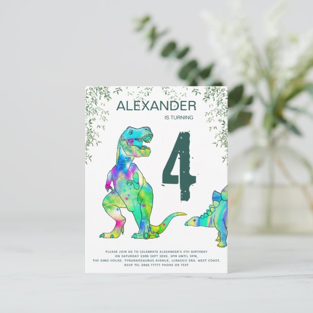 Färgglatt T Rex Födelsedagsfirande Budget Inbjudan Vykort (Stående Fram)