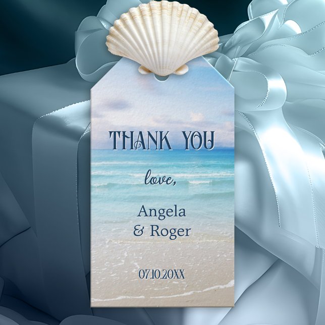Färgglatt tackkort för bröllopspresent på strandte presentetikett (Elegant design wedding Thank You gift tag featuring a colorful blue turquoise beach)