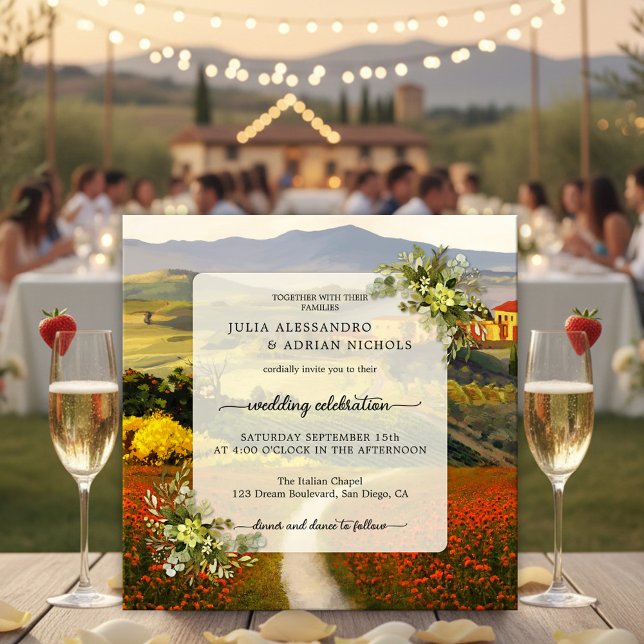 Färgglatt toskanskt landskapsbröllopsinbjudan inbjudningar (Italian wedding invitation featuring a fine art painting of an Italy inspired landscape scene)