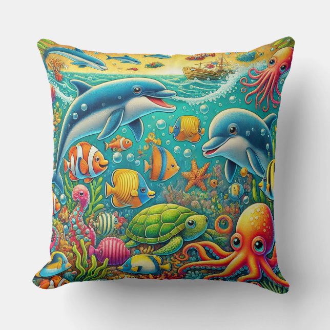 🌊🐠 Färgglatt Undervattensliv Mysig Dekor Kudde (Framsida)