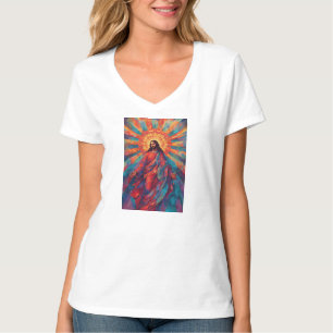 Färgglatt Uppstånden Jesus Kristi V-ringad damt-sh T Shirt