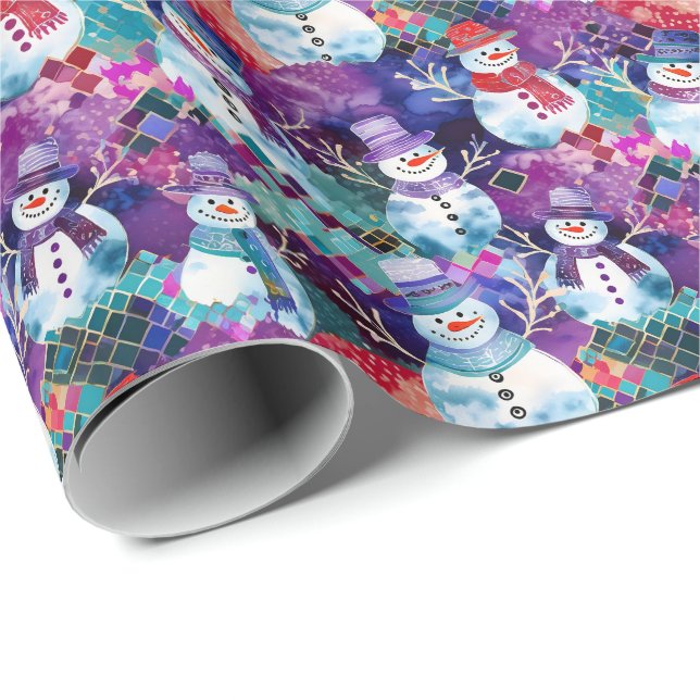 Färgglatt upptaget snömannamönster presentpapper (Rullad Hörn)