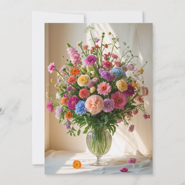Färgglatt vackert blandat blomsterbukett klart vas julkort (Framsida)