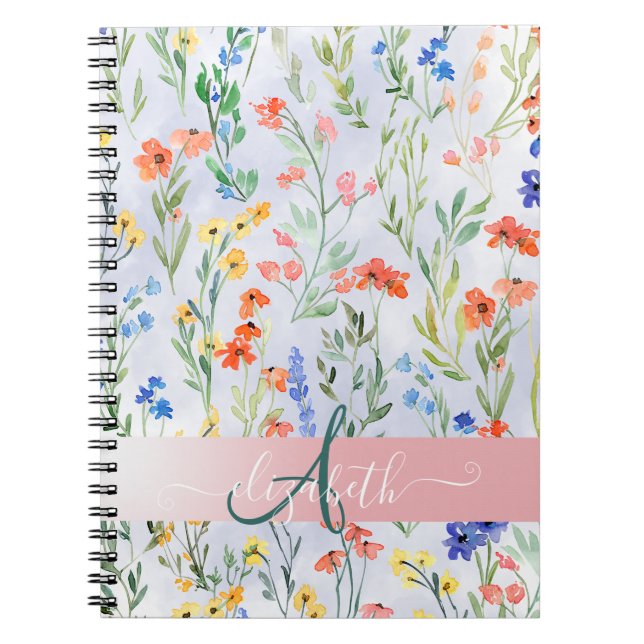 Färgglatt vår ängsblomma monogram    anteckningsbok (Framsidan)