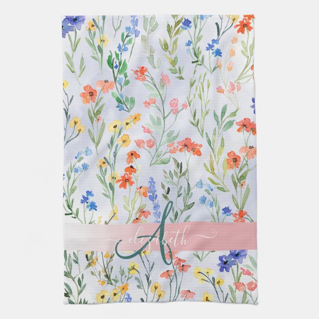 Färgglatt vår ängsblomma monogram    kökshandduk (Vertikal)