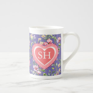 Färgglatt vårblomma akvarell mönster monogram benporslin mugg