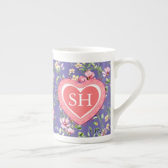 Färgglatt vårblomma akvarell mönster monogram benporslin mugg (Höger)