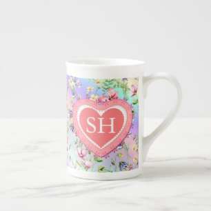 Färgglatt vårblomma akvarell mönster monogram benporslin mugg