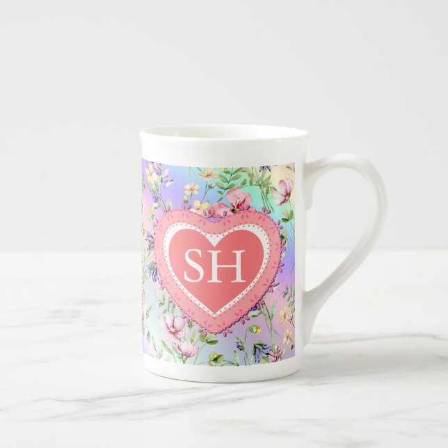 Färgglatt vårblomma akvarell mönster monogram benporslin mugg (Höger)