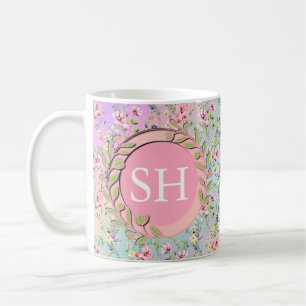 Färgglatt vårblomma akvarell mönster monogram kaffemugg