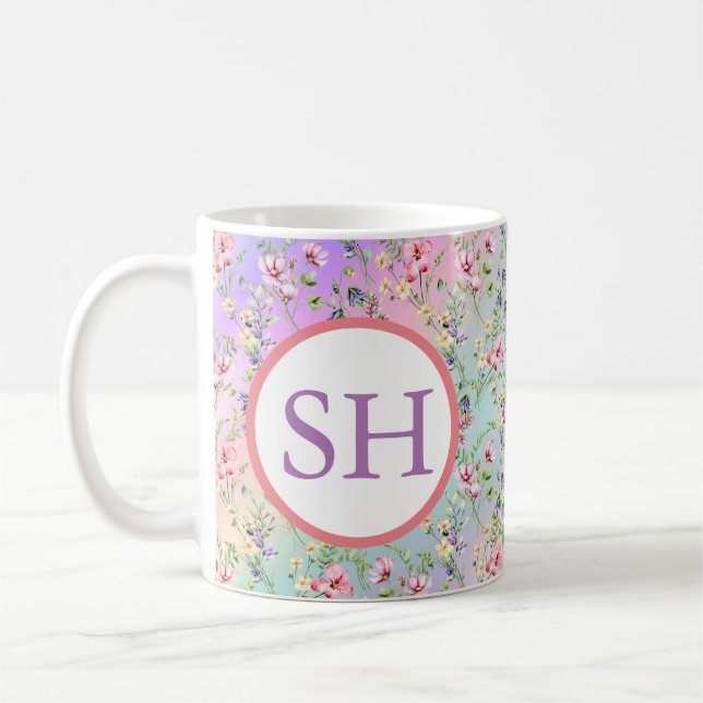 Färgglatt vårblomma akvarell mönster monogram kaffemugg (Vänster)