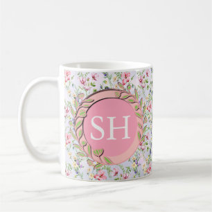 Färgglatt vårblomma akvarell mönster monogram kaffemugg