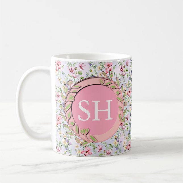 Färgglatt vårblomma akvarell mönster monogram kaffemugg (Vänster)