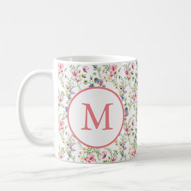 Färgglatt vårblomma akvarell mönster monogram kaffemugg (Vänster)