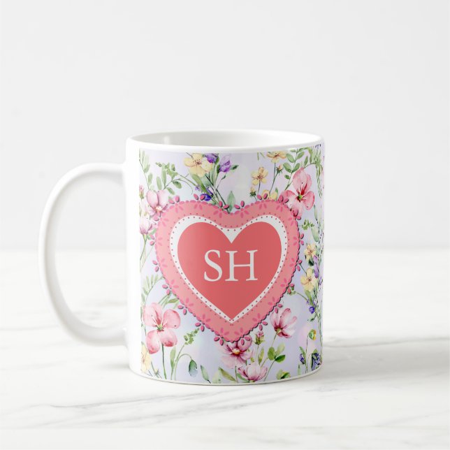 Färgglatt Vårblomma Akvarell Mönster Monogram Kaffemugg (Vänster)