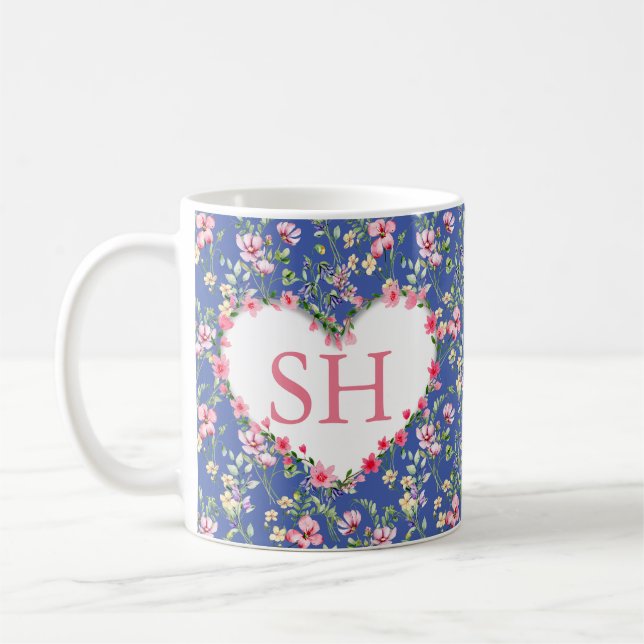 Färgglatt vårblomma akvarell mönster monogram kaffemugg (Vänster)