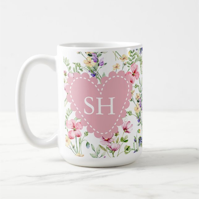 Färgglatt vårblomma akvarell mönster monogram kaffemugg (Vänster)