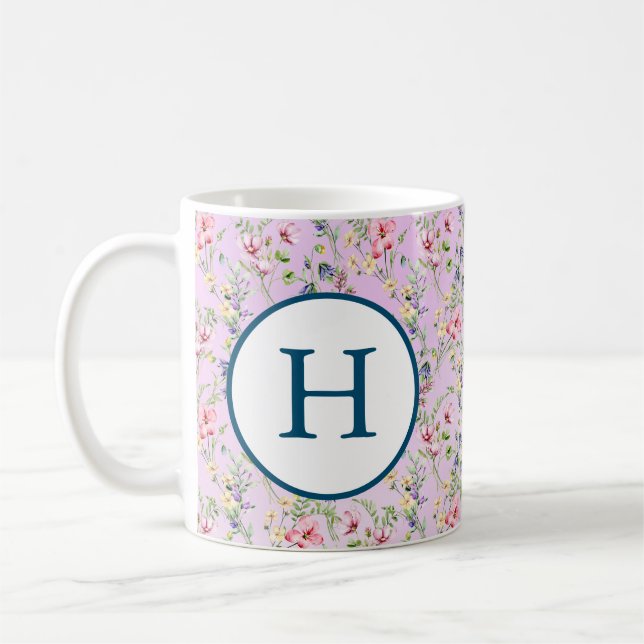 Färgglatt vårblomma akvarell mönster monogram kaffemugg (Vänster)