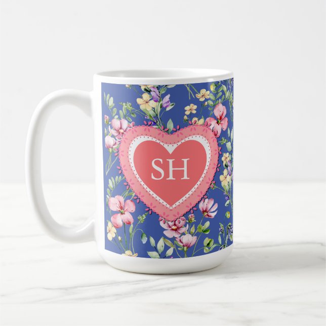 Färgglatt vårblomma akvarell mönster monogram kaffemugg (Vänster)