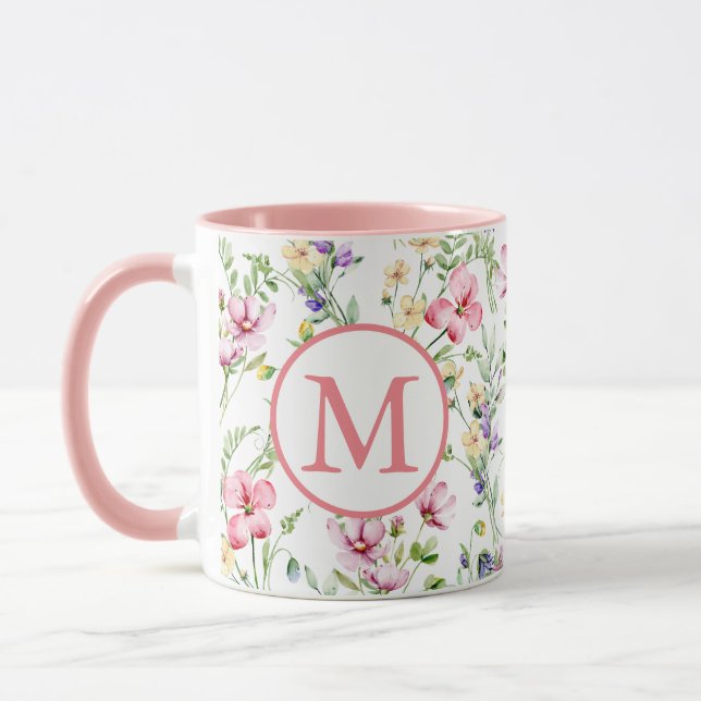 Färgglatt vårblomma akvarell mönster monogram mugg (Vänster)