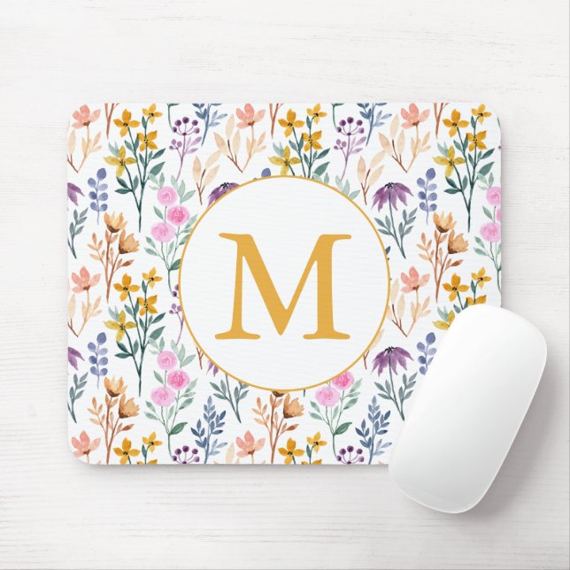 Färgglatt Vårblomma Akvarell Mönster Monogram Musmatta (Med mus)