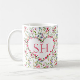 Färgglatt vårblomma akvarellmönster monogram kaffemugg
