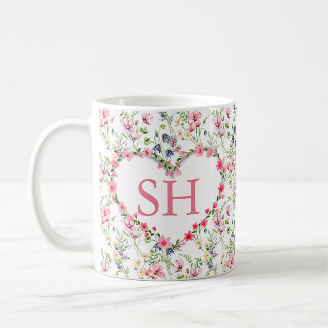 Färgglatt vårblomma akvarellmönster monogram kaffemugg (Vänster)