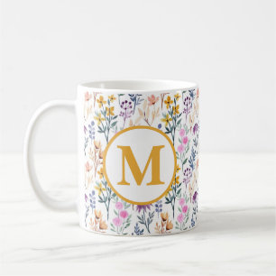 Färgglatt Vårblomma Vattenfärg Mönster Monogram Kaffemugg