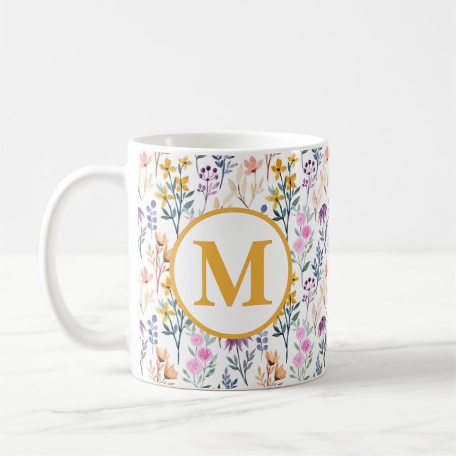 Färgglatt Vårblomma Vattenfärg Mönster Monogram Kaffemugg (Vänster)