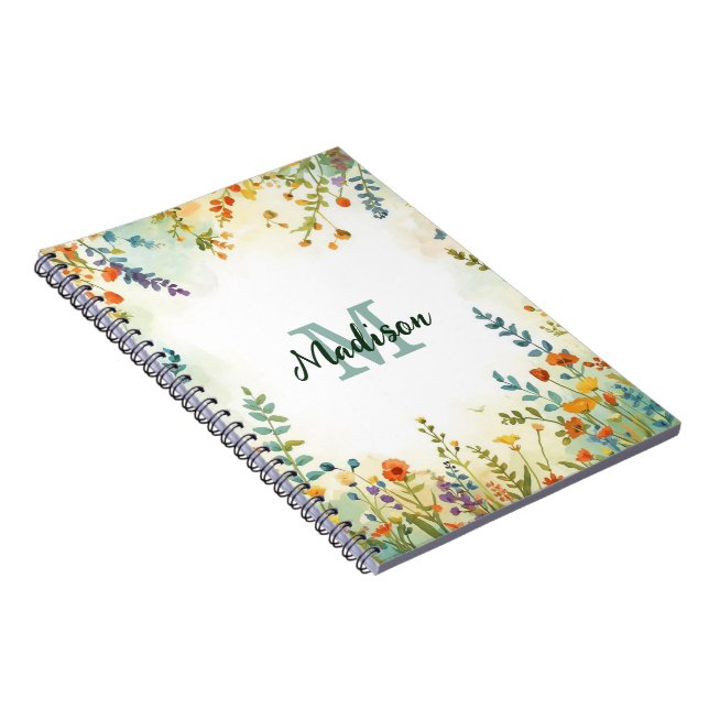 Färgglatt vårblomma vildblombukett monogram anteckningsbok (Högra Sidan)