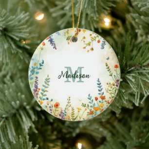 Färgglatt vårblomma vildblombukett monogram julgransprydnad keramik