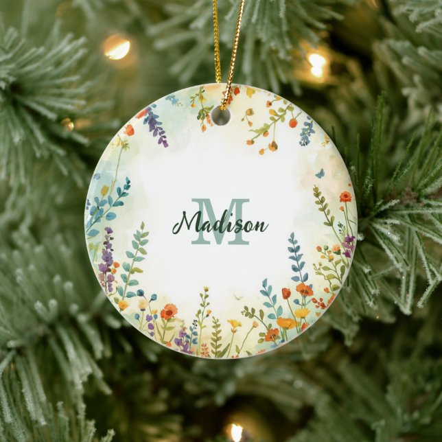 Färgglatt vårblomma vildblombukett monogram julgransprydnad keramik (Träd)