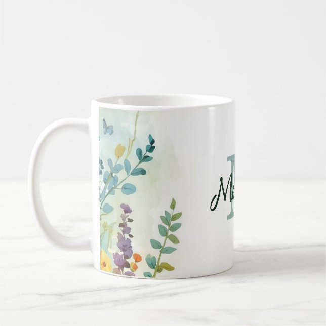 Färgglatt vårblomma vildblombukett monogram kaffemugg (Vänster)