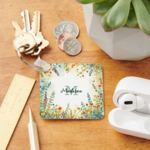 Färgglatt vårblomma vildblombukett monogram nyckelring