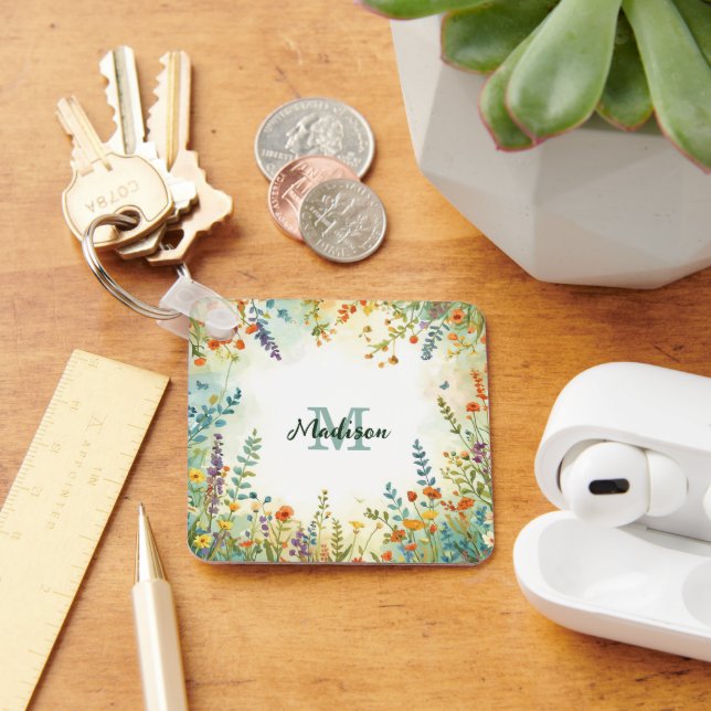 Färgglatt vårblomma vildblombukett monogram nyckelring (Skrivbord)