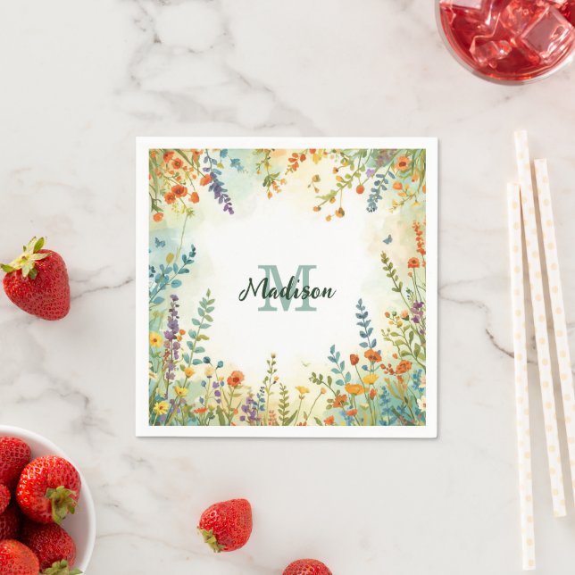 Färgglatt vårblomma vildblombukett monogram pappersservett (Insitu)